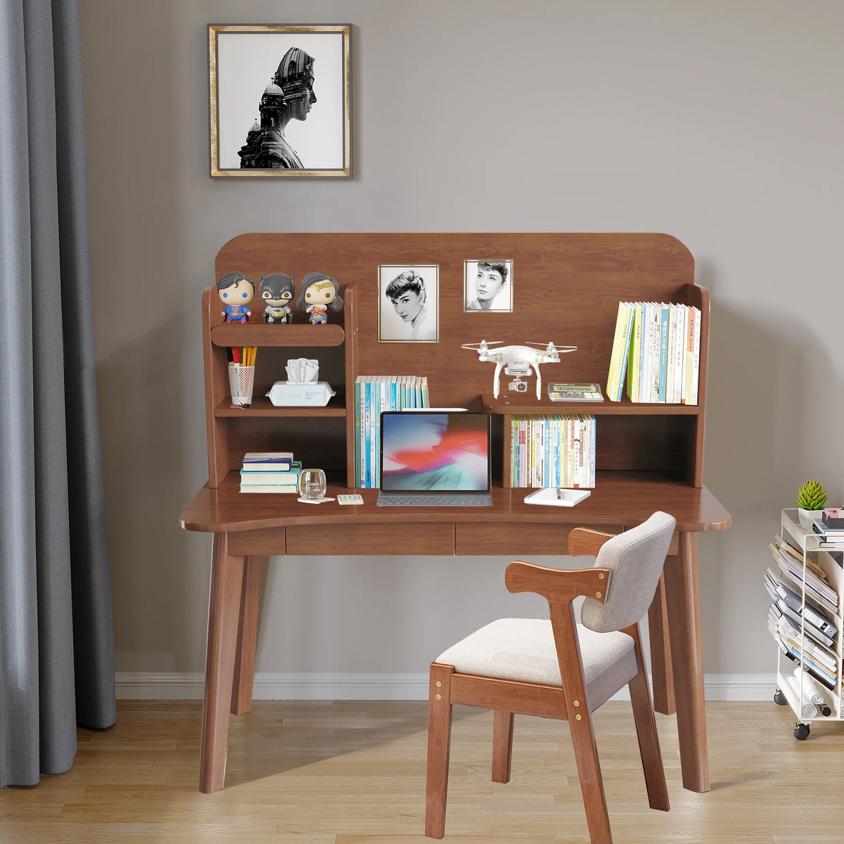 Kids Desk and Chair Set Wooden with Bookshelf and Two Drawers V2055