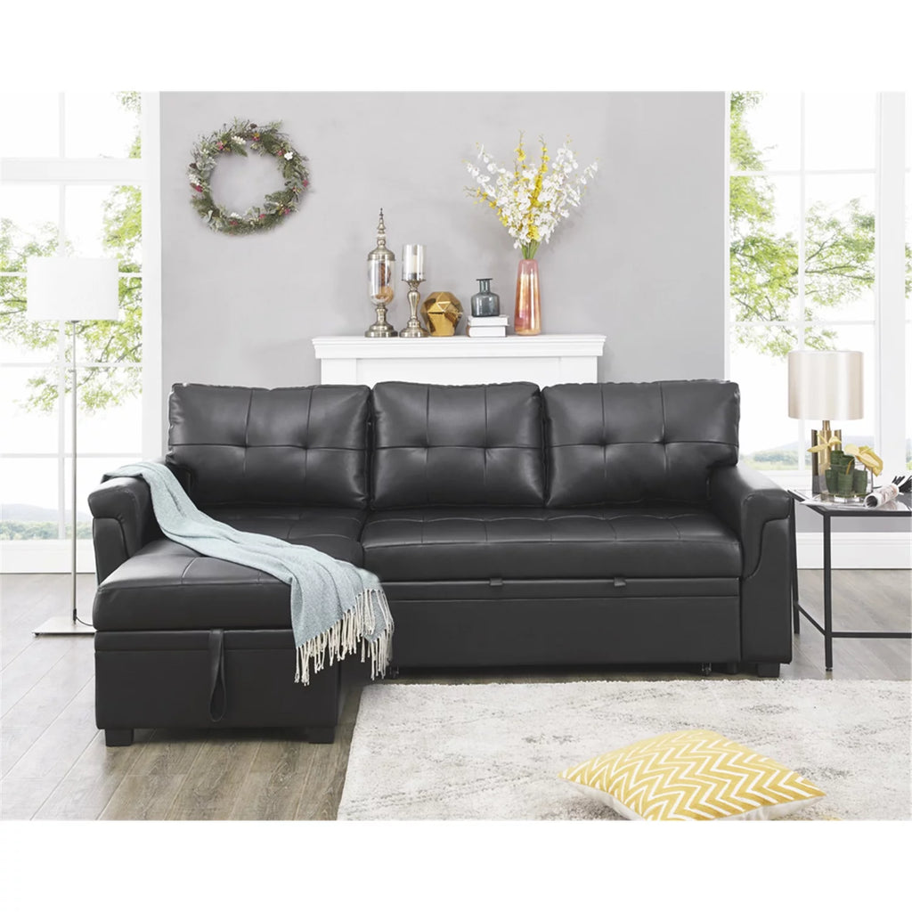 Black Air Leather Reversible Sleeper Sectional Sofa F792917