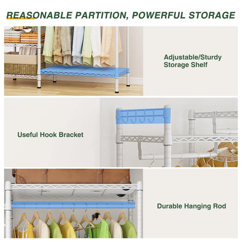 Heavy Duty Portable Clothing Rack with Shelves White S375