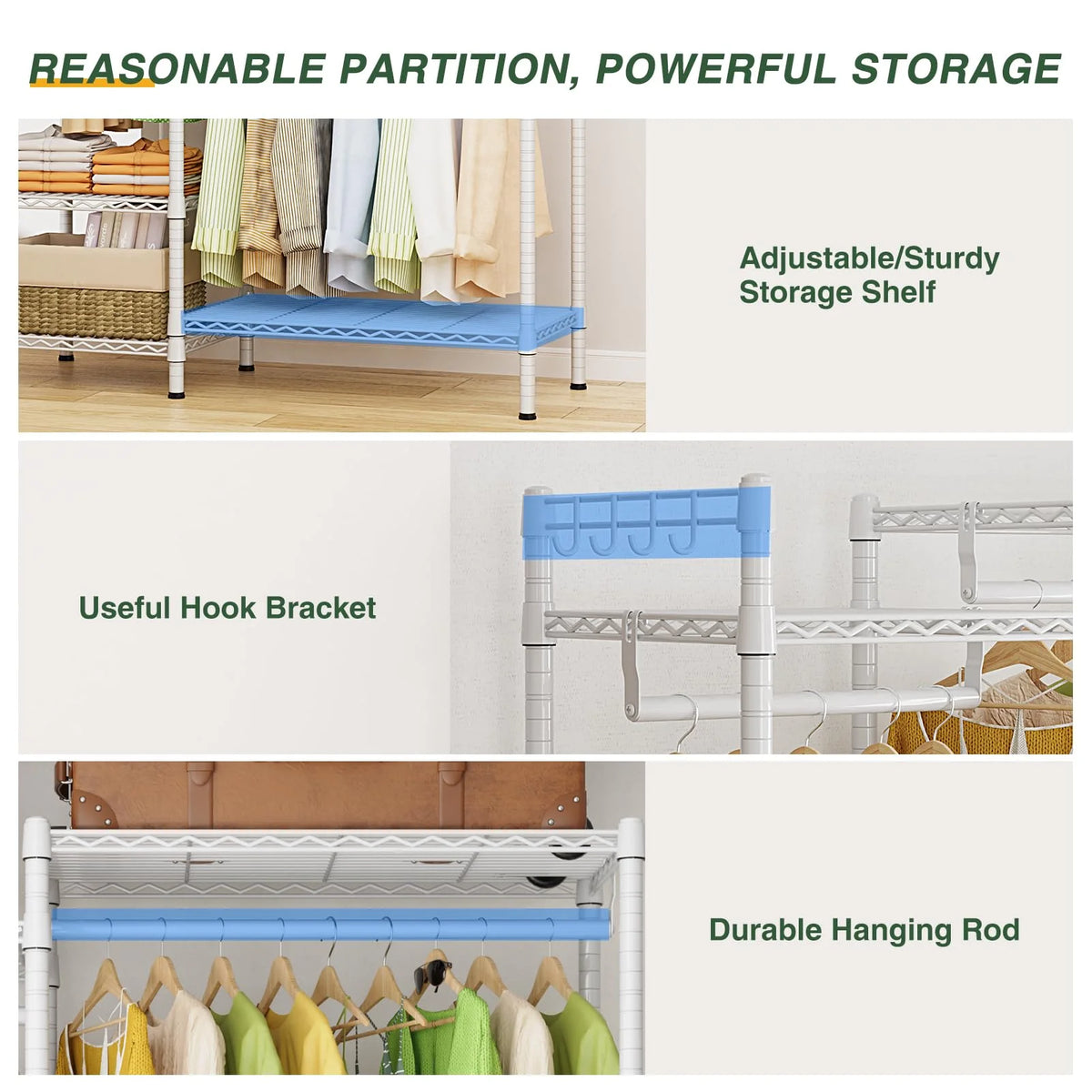 Heavy Duty Portable Clothing Rack with Shelves White S375