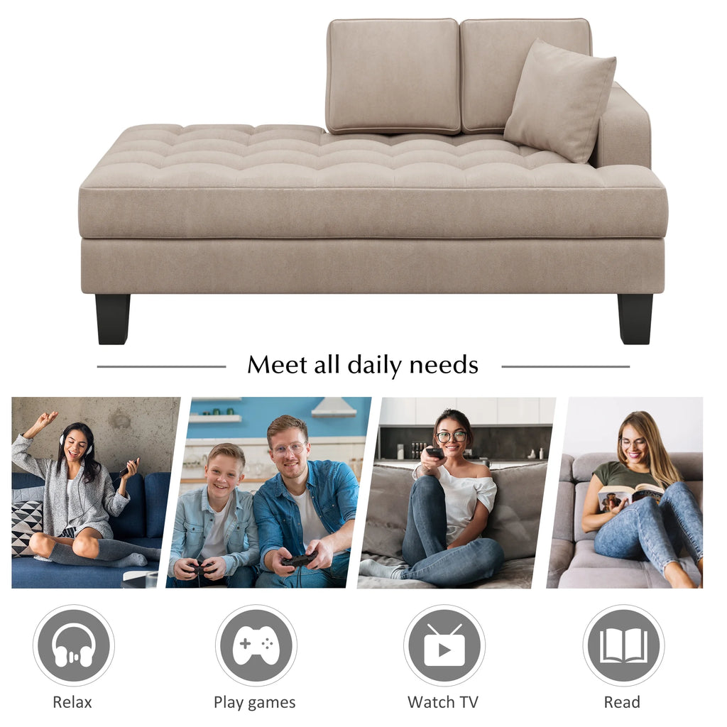 64" Deep Tufted Upholstered Textured Fabric Chaise Lounge with Toss Pillow, Warm Grey G824258