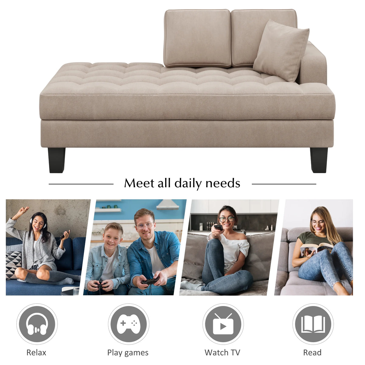 64" Deep Tufted Upholstered Textured Fabric Chaise Lounge with Toss Pillow, Warm Grey G824258