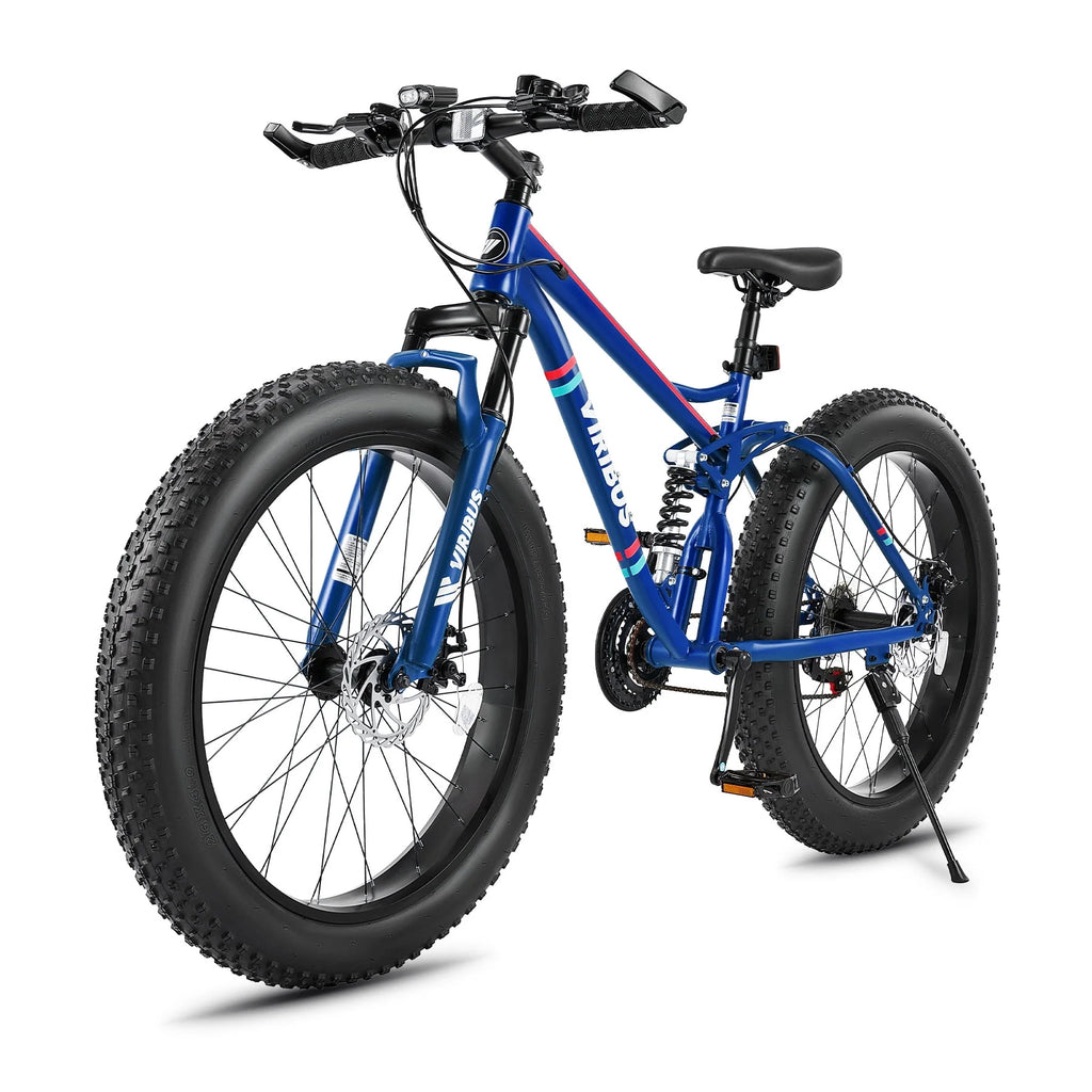 26 Fat Tire Full Suspension Mountain Bike with 21 Speeds Disc Brakes Blue J1055