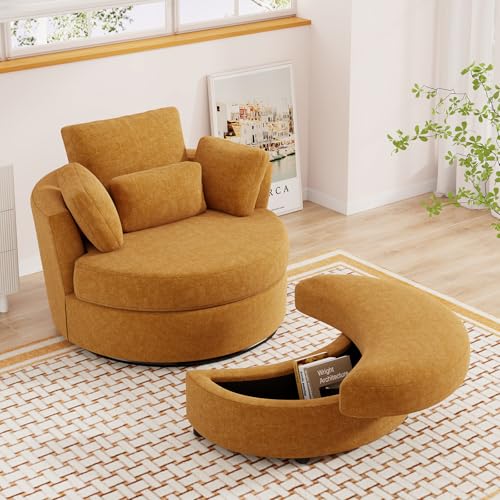 Oversized Orange Chenille Swivel Accent Chair with Storage Ottoman V14264