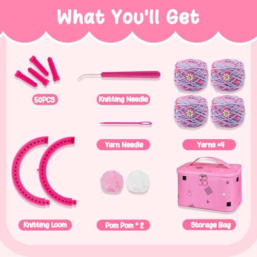 Knitting Loom Kit with Storage Bags Yarns Knitting Tools Pink B1005