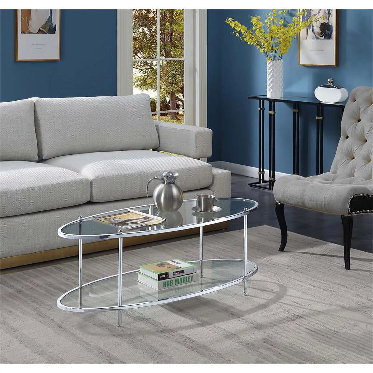 Oval Clear Glass and Chrome Metal Coffee Table J3940