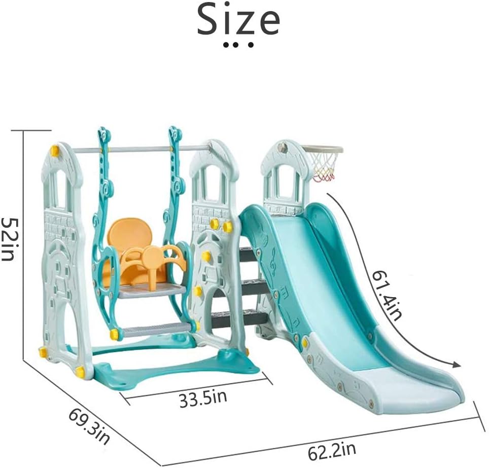 3 in 1 Toddler Slides and Swing Set with Basketball Hoop Kids Climber Playset Blue C506