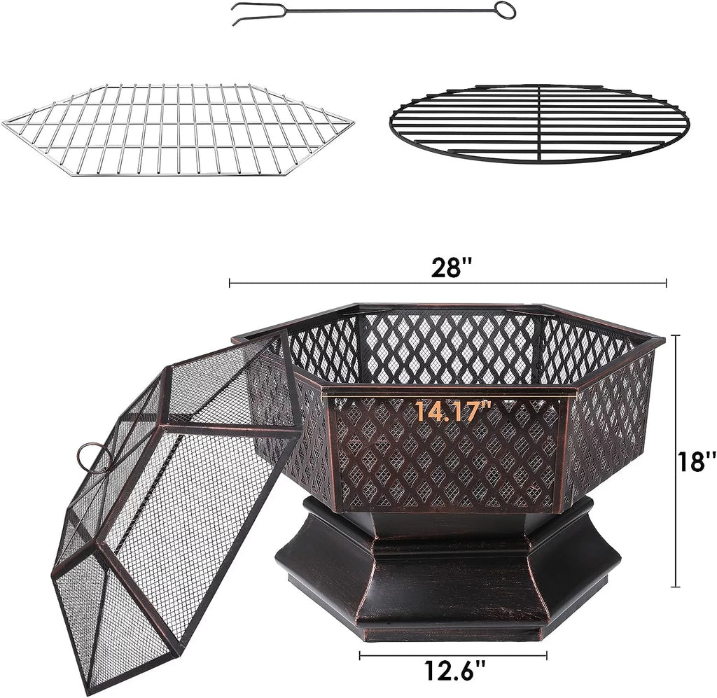 28'' Hex Shaped Steel Wood Burning Fire Pit with Spark Screen & Fire Poker H14804