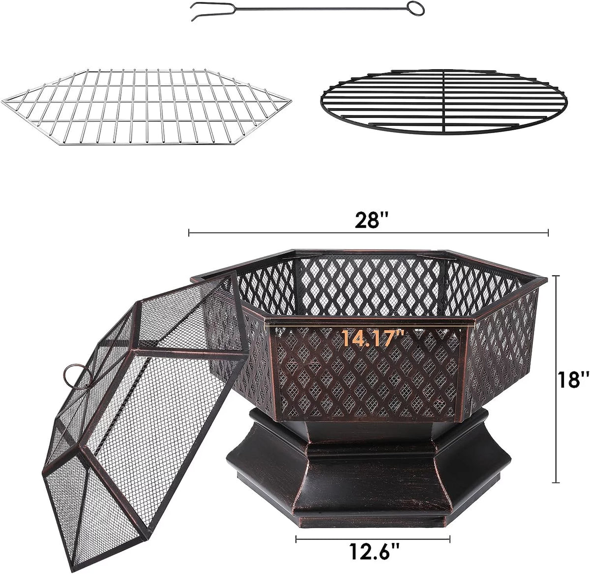 28'' Hex Shaped Steel Wood Burning Fire Pit with Spark Screen & Fire Poker H14804