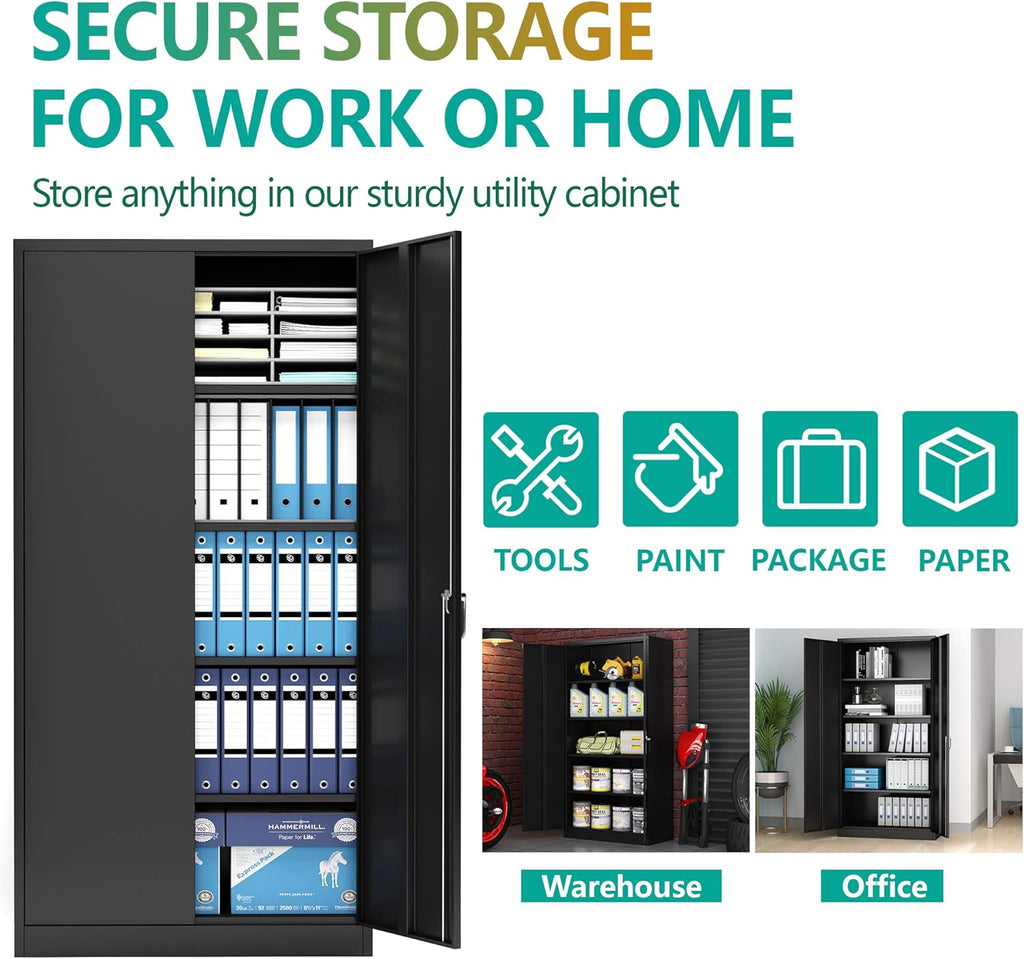 Black Lockable Metal Storage Cabinet with 4 Adjustable Shelves O1747