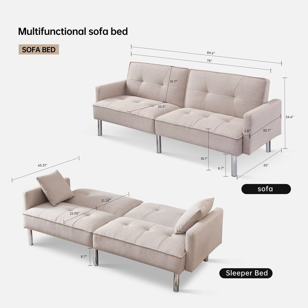 84.6 in. Extra Long Tufted Beige Fabric Futon Adjustable Sofa Bed V24003