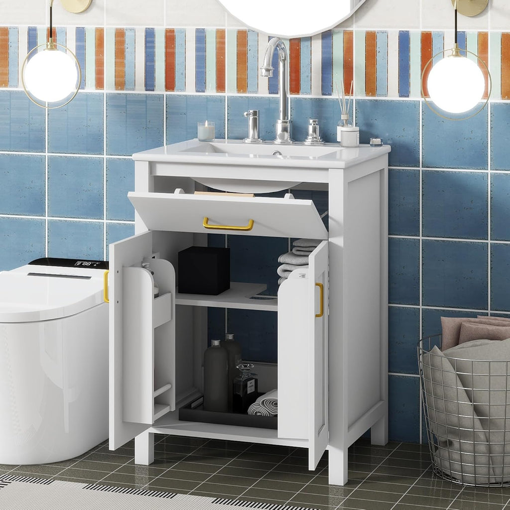 White 24" Bathroom Vanity with Sink, 2 Doors and Drawer E780