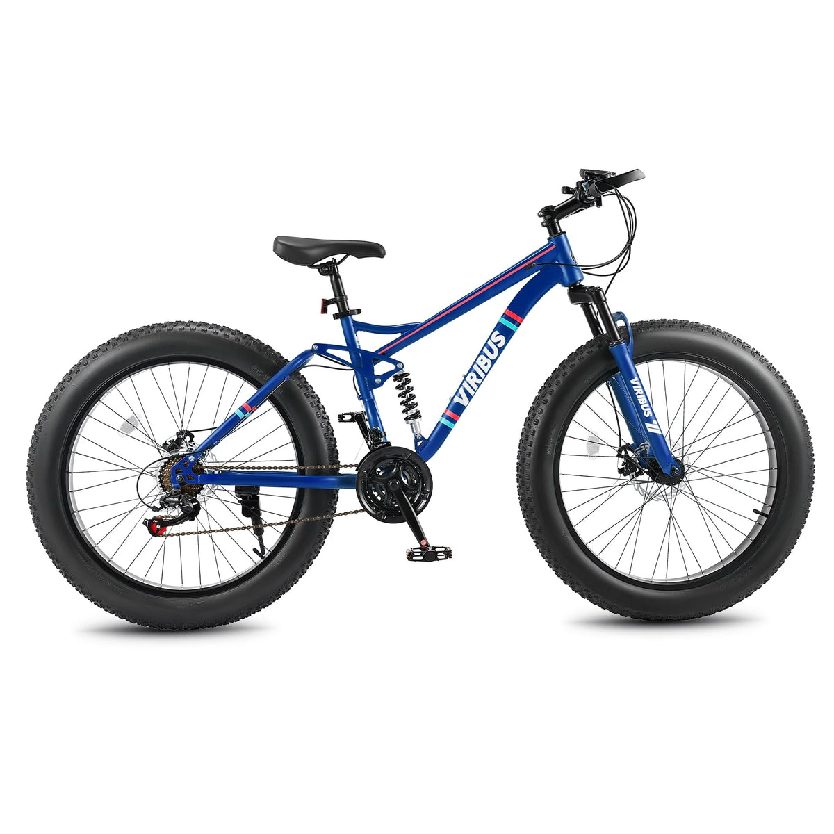 26 Fat Tire Full Suspension Mountain Bike with 21 Speeds Disc Brakes Blue J1055