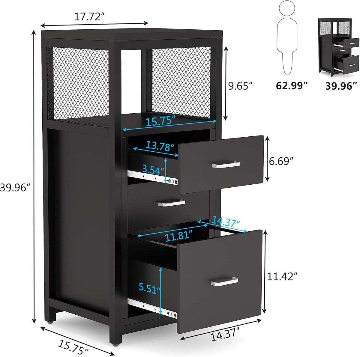 3 Drawer Letter Size File Cabinet with Wire Storage Shelves O912590