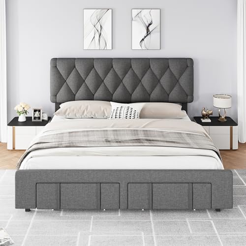 Queen Size Upholstered Platform Bed Frame with Storage Drawers I2343