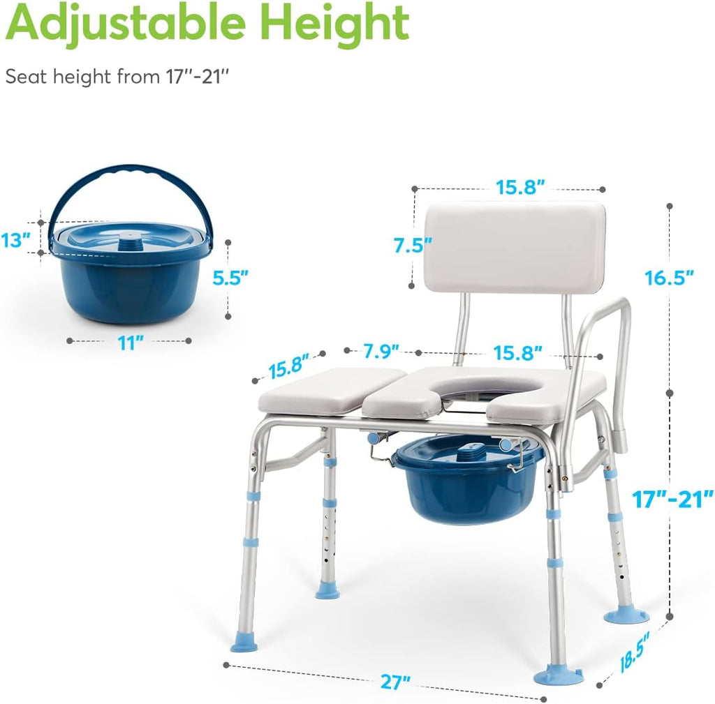 Bathtub Transfer Bench with Commode Opening, Padded Shower Bench with Removable Backrest & Adjustable Legs U9211