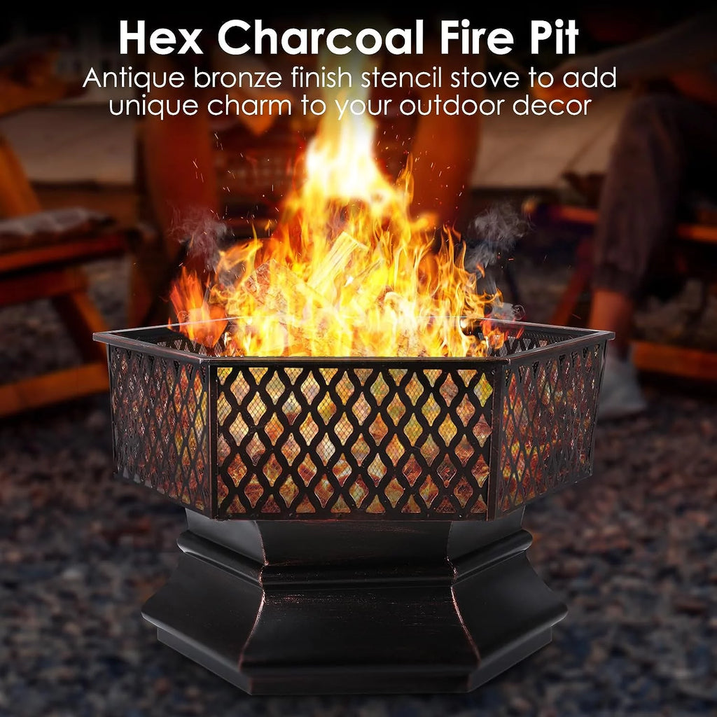 28'' Hex Shaped Steel Wood Burning Fire Pit with Spark Screen & Fire Poker H14804