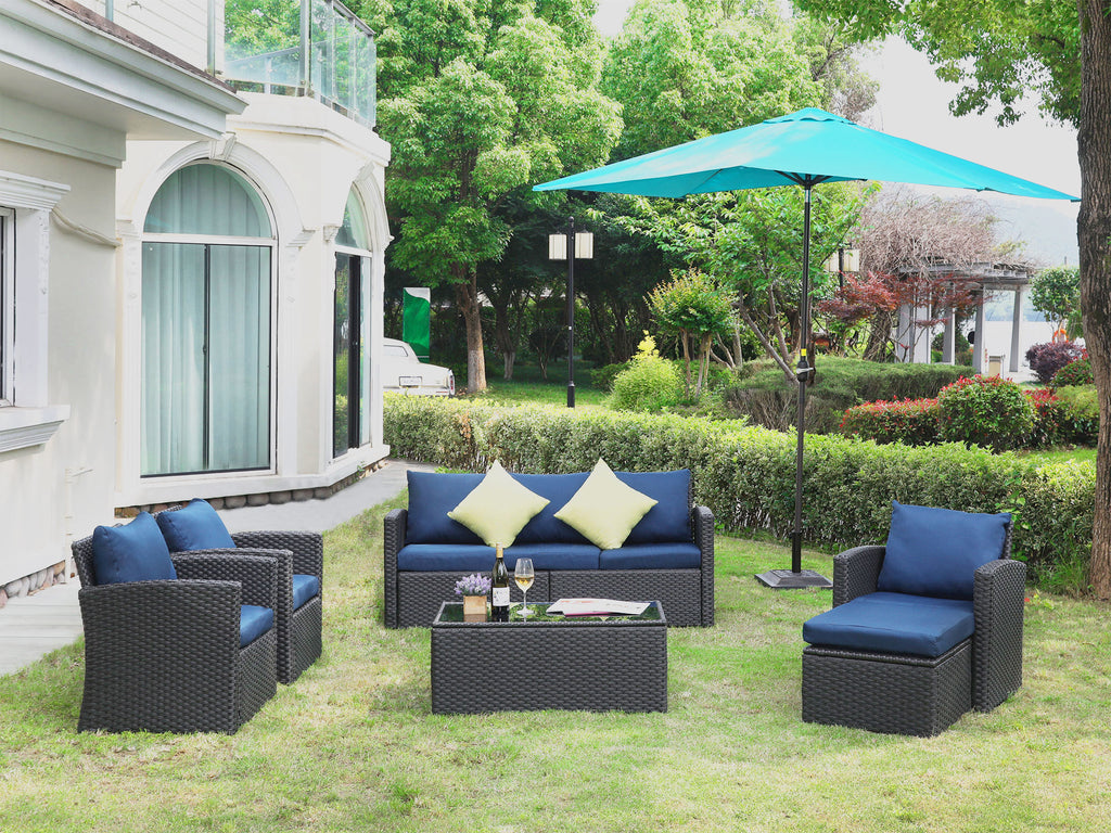 Blue 8 Pcs Wicker Patio Conversation Set with Coffee Table and Ottoman L359