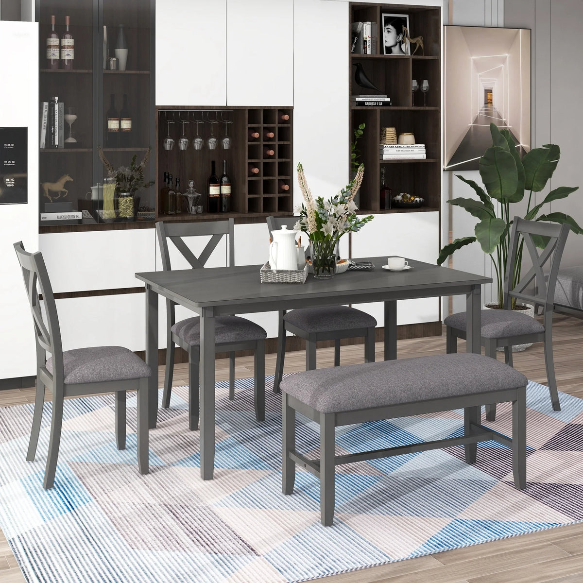 Gray 6-Piece Wooden Dining Table Set with Bench Y72773