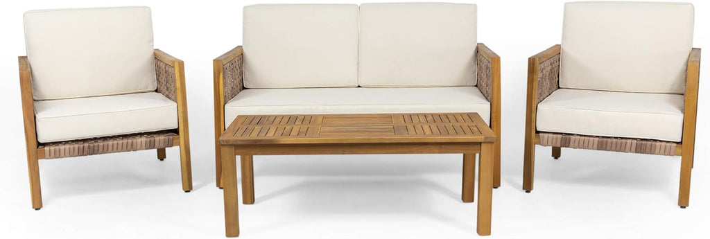 Outdoor 4 Seater Acacia Wood Chat Set with Wicker Accents, Teak Finish B3944