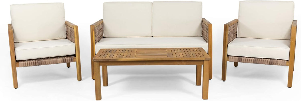 Outdoor 4 Seater Acacia Wood Chat Set with Wicker Accents, Teak Finish B3944