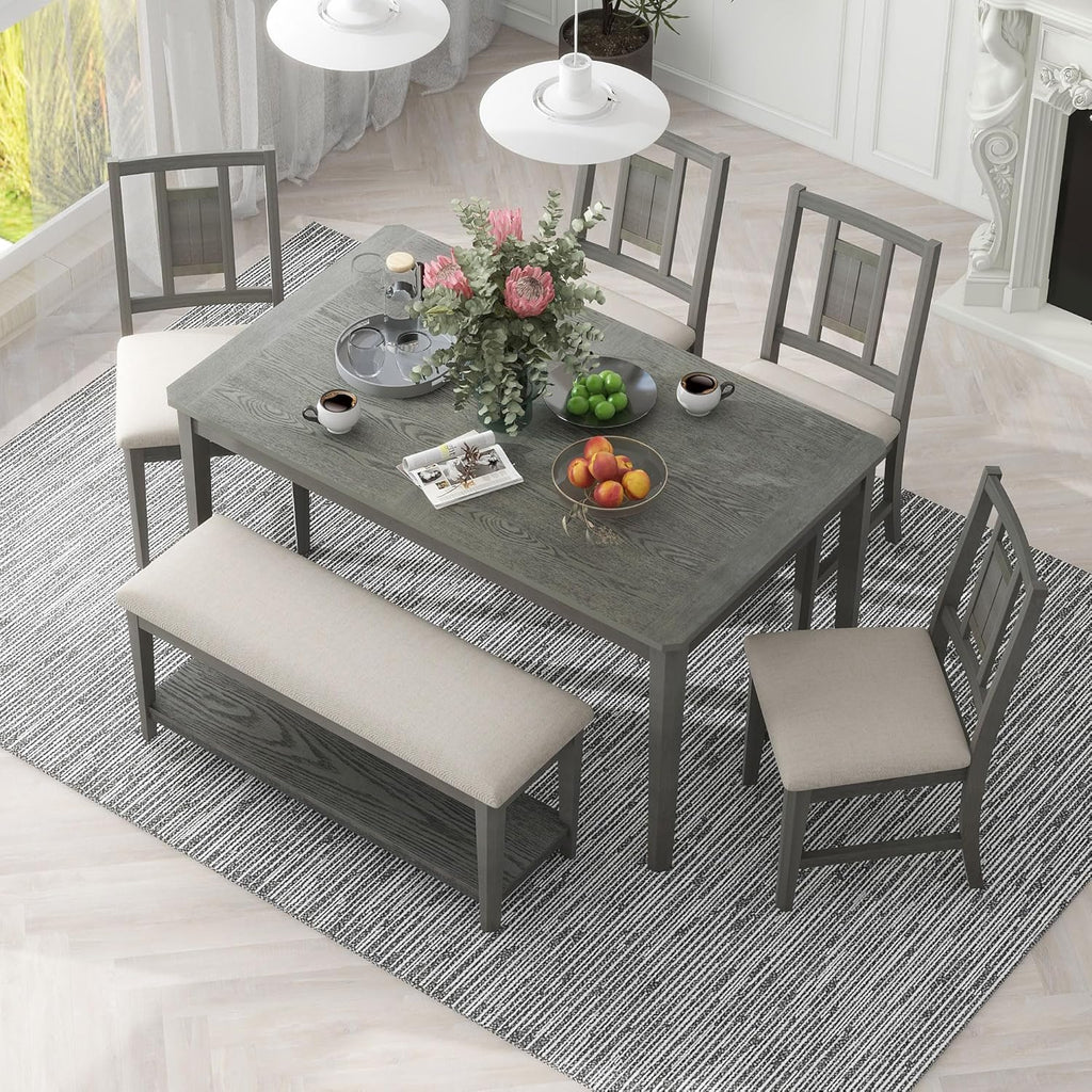 6-Piece Dining Table Set with 4 Upholstered Chairs and 1 Bench, Solid Wood, Dark Gray L330128