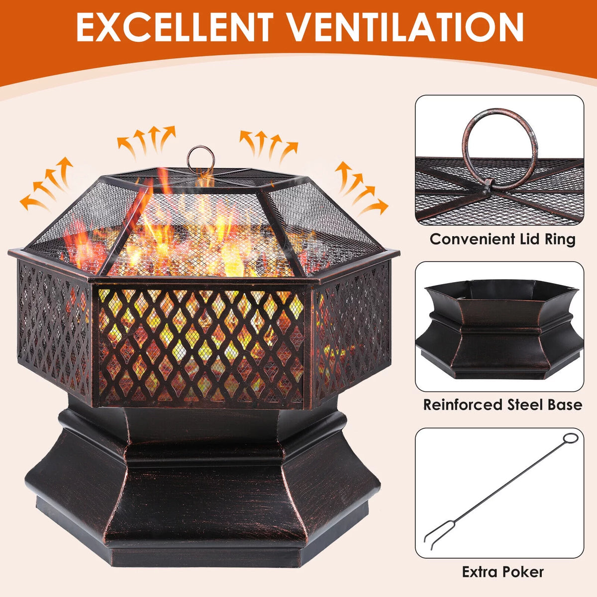 28'' Hex Shaped Steel Wood Burning Fire Pit with Spark Screen & Fire Poker H14804