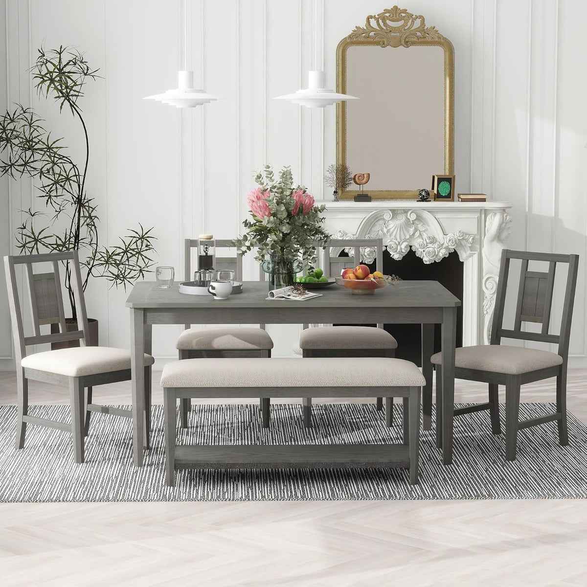 6-Piece Dining Table Set with 4 Upholstered Chairs and 1 Bench, Solid Wood, Dark Gray L330128