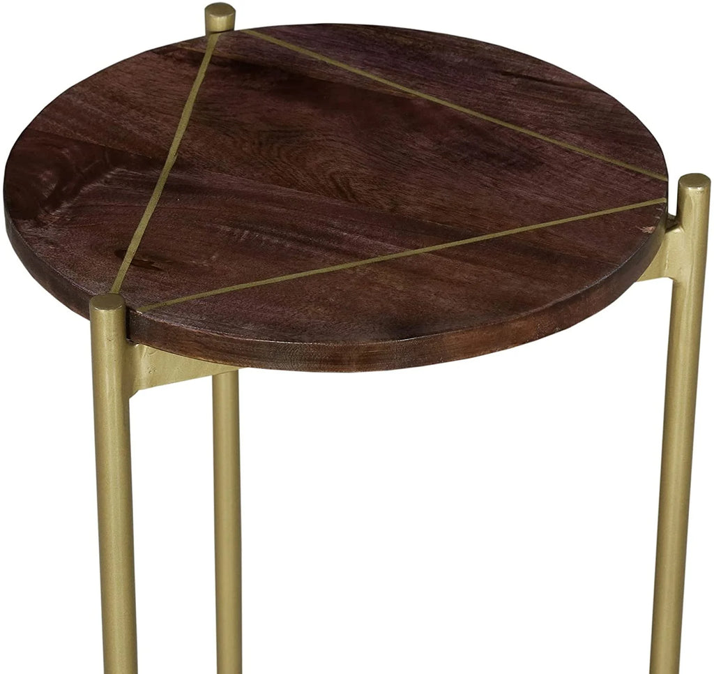 Corner Table with Round Wooden Top and Triangular Metal Base A495971