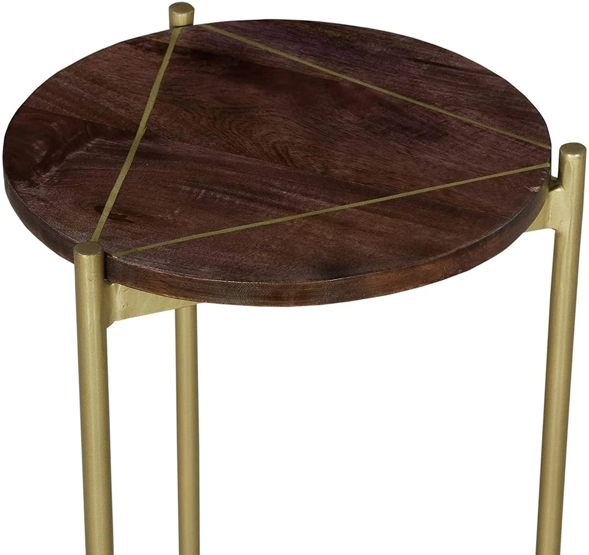 Corner Table with Round Wooden Top and Triangular Metal Base A495971