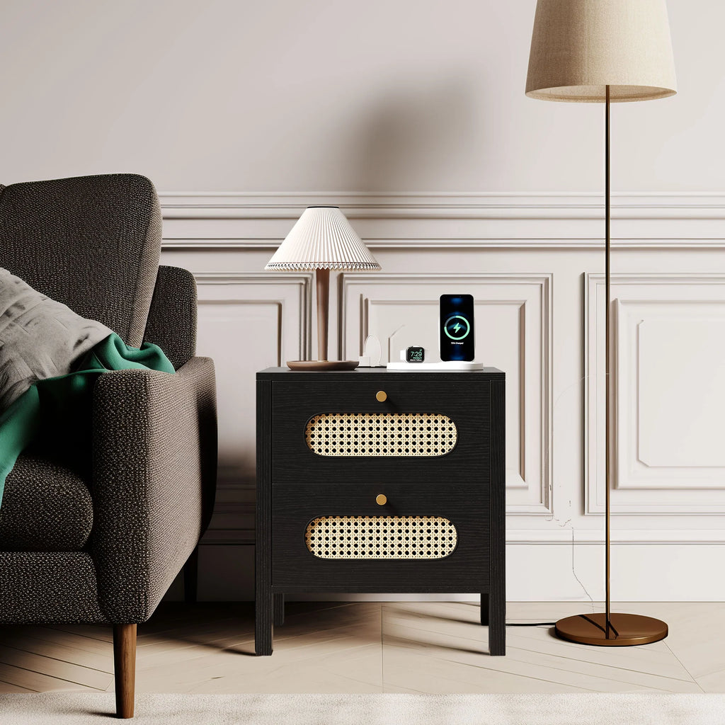 Black Rattan Nightstand with Charging Station Z4028