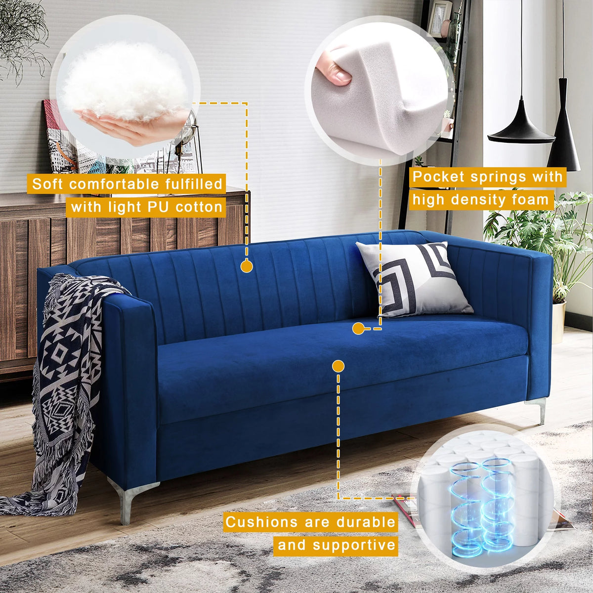 Blue Velvet Loveseat Sofa with Metal Legs Y90582