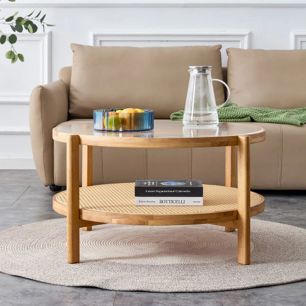Round 2-Tier Glass Coffee Table with Solid Wood Legs N8785