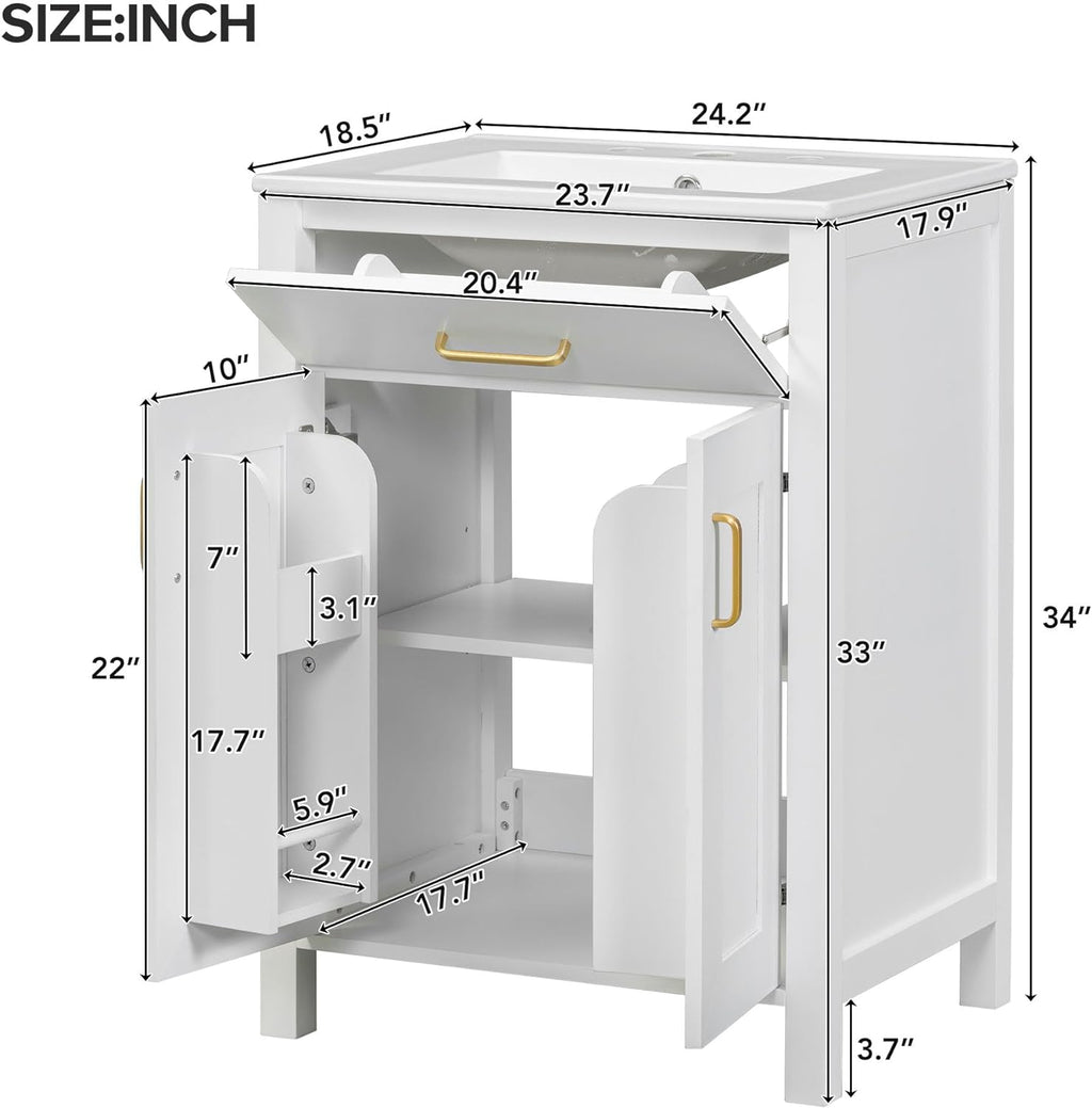 White 24" Bathroom Vanity with Sink, 2 Doors and Drawer E780