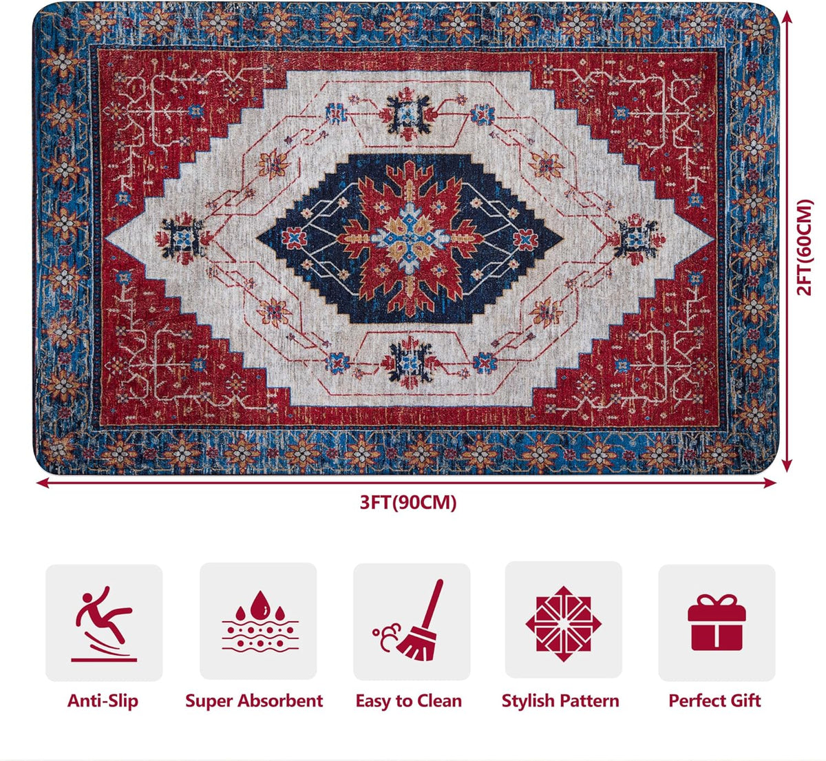 Red/Multi 2'x3' Non Slip Washable Distressed Low-Pile Rug S522097