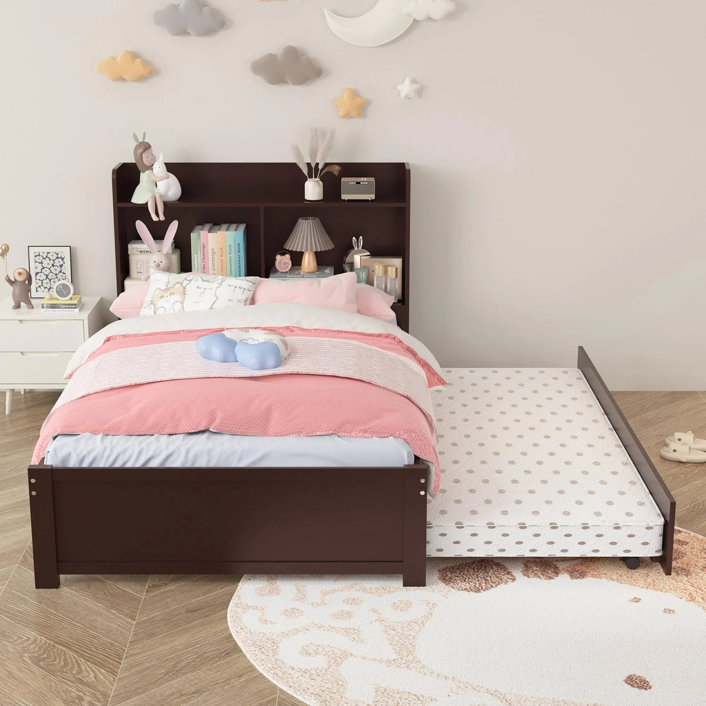 Twin Bed Frame with Trundle and Storage Bookcase A9519