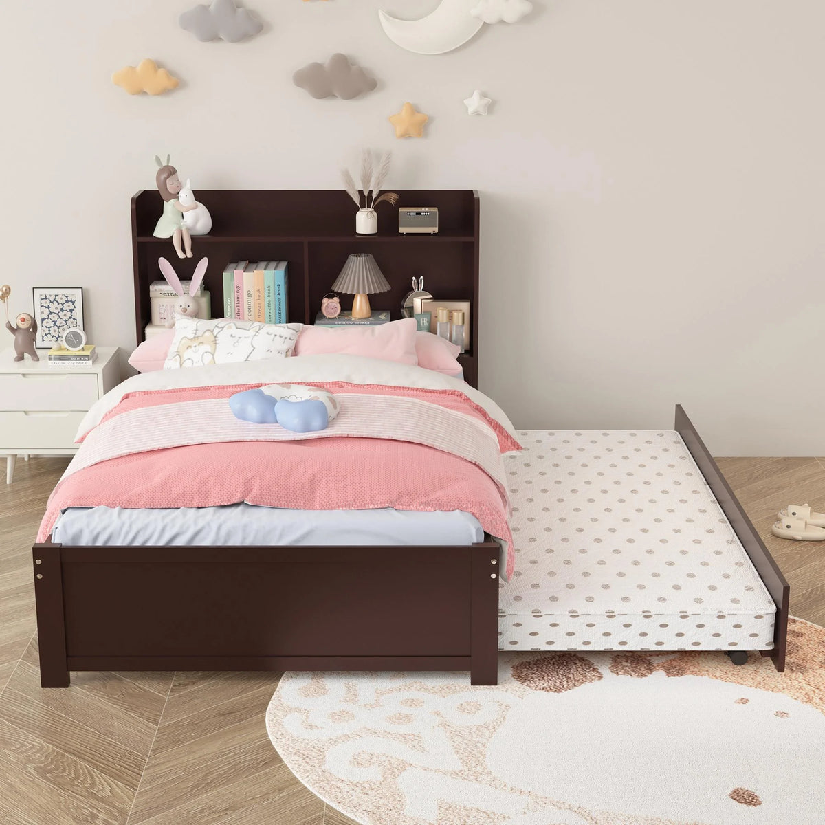 Twin Bed Frame with Trundle and Storage Bookcase A9519