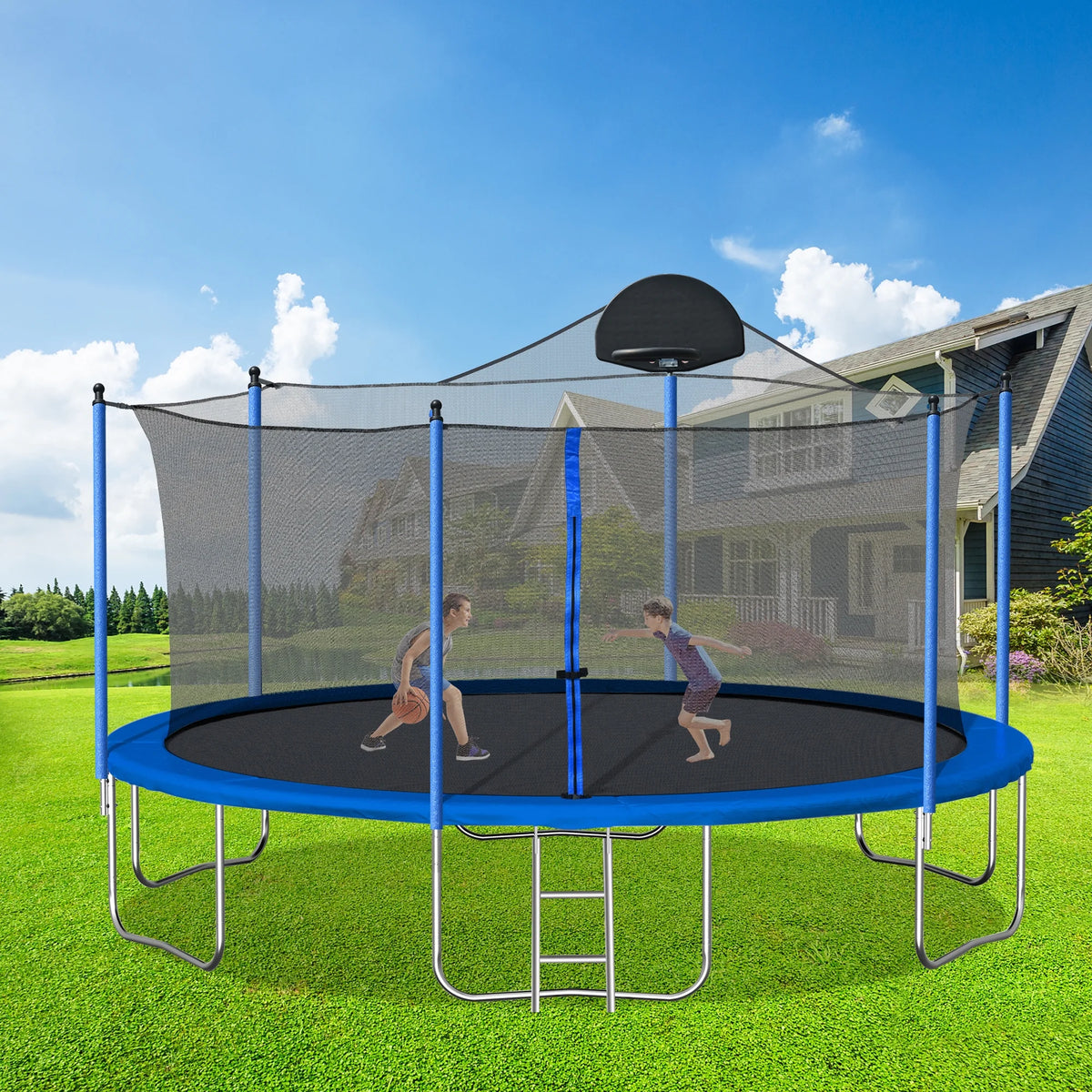 14FT Trampoline with Basketball Hoop, Safety Enclosure Net & Ladder, Blue L3684