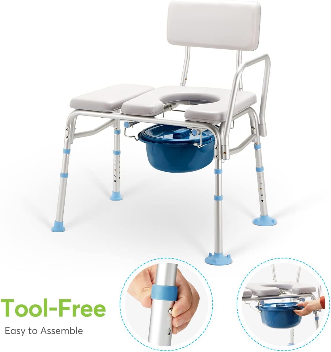 Bathtub Transfer Bench with Commode Opening, Padded Shower Bench with Removable Backrest & Adjustable Legs U9211