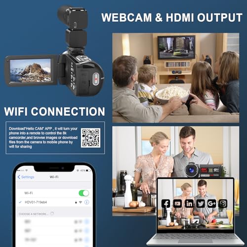 8K Video Camera Camcorder, 64MP IR Night Vision Vlogging Camera, 18X Zoom WiFi Digital Touch Screen Camcorder with 32G SD Card R6448