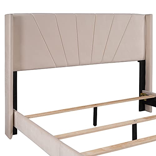 Pink Queen Size Velvet Upholstered Platform Bed with Headboard and Footboard J672