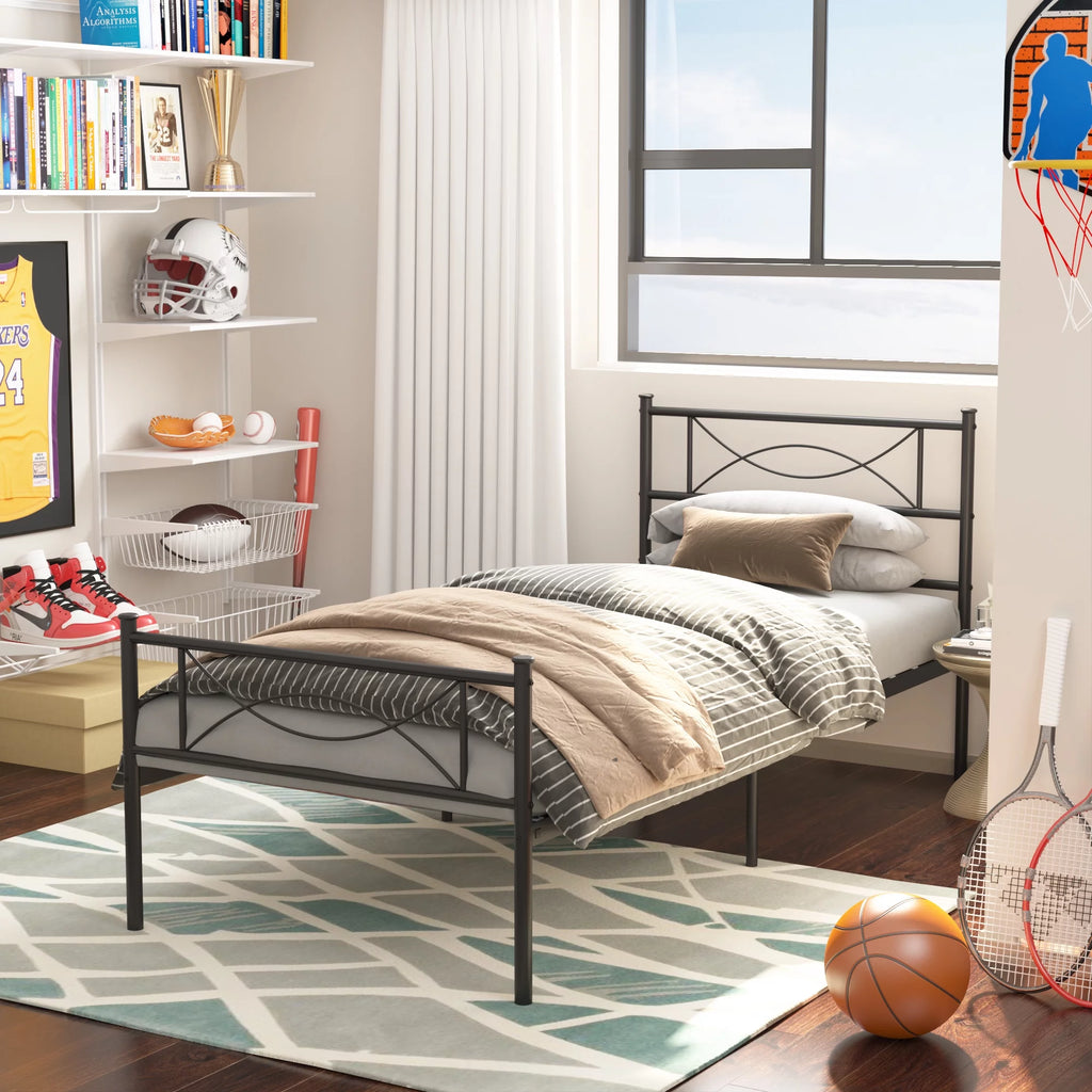 Twin Size Black Metal Platform Bed Frame with Headboard & Footboard V2866