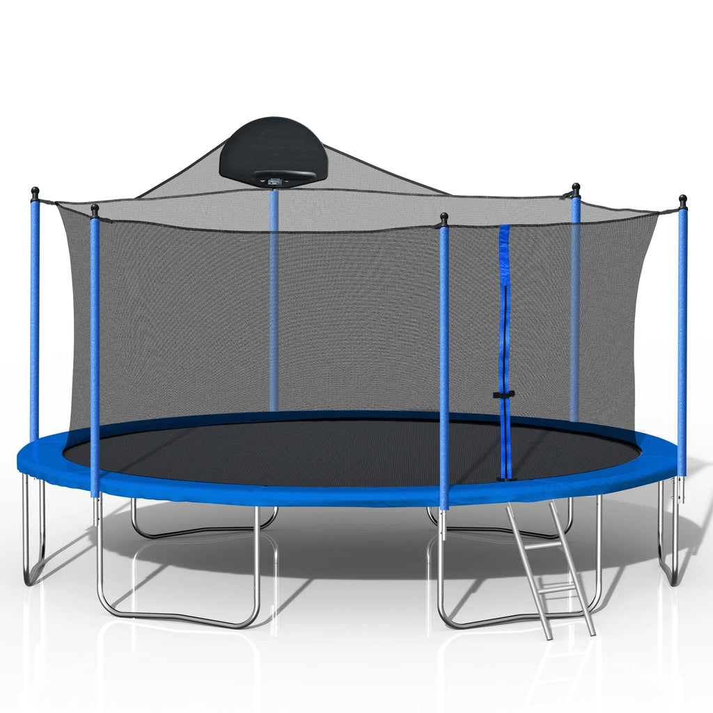 14FT Trampoline with Basketball Hoop, Safety Enclosure Net & Ladder, Blue L3684
