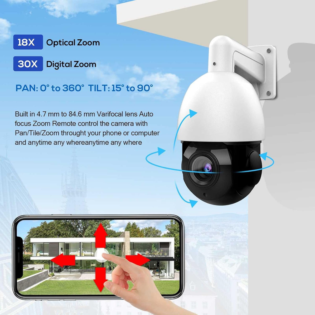 5MP Outdoor PTZ POE Security IP Camera Speed Dome with 18x Optical Zoom Pan Tilt 165ft IR Night Vision Motion Detection IP66 Waterproof G480