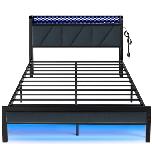 Full Bed Frame with LED Lights and Charging Station N504