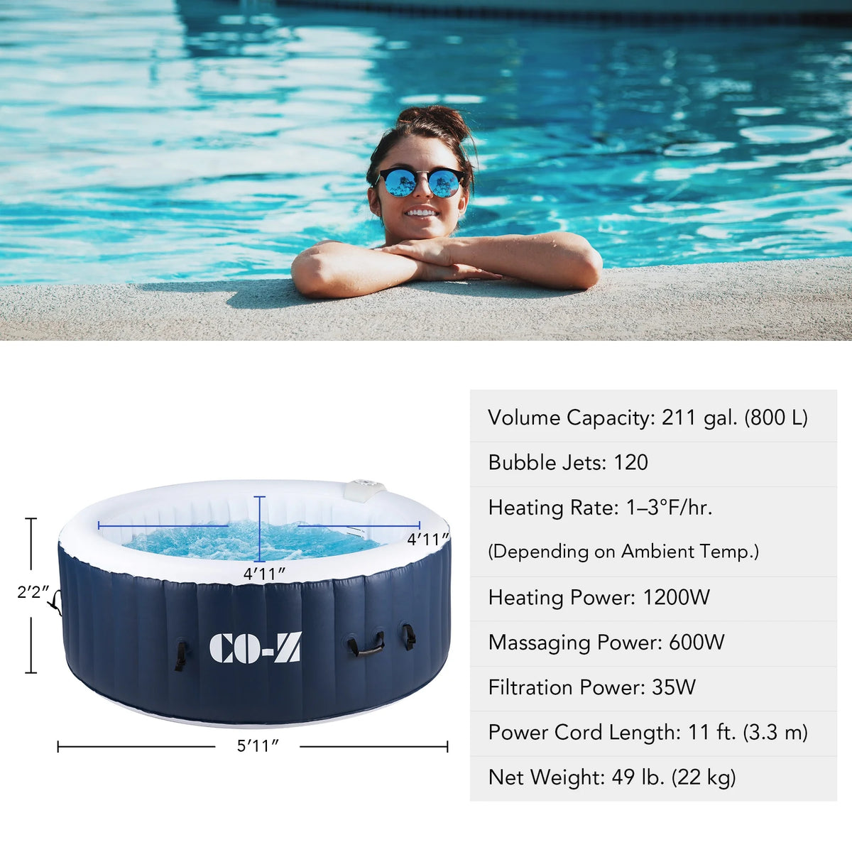 PVC Portable Inflatable Hot Tub with 120 Jets Blue A83770