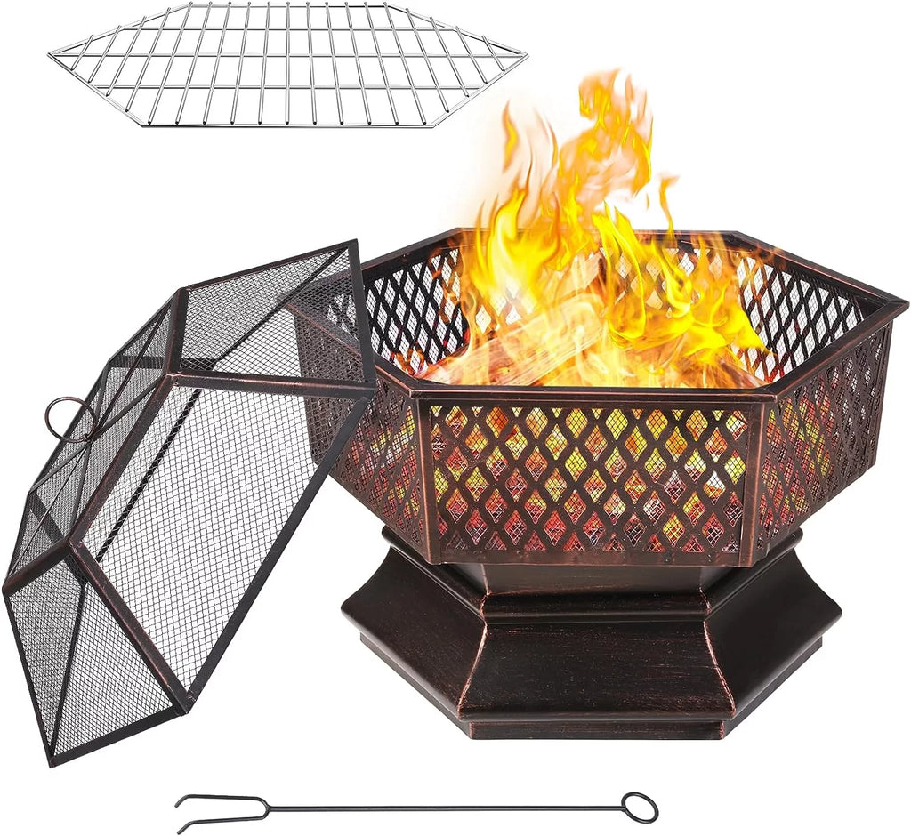 28'' Hex Shaped Steel Wood Burning Fire Pit with Spark Screen & Fire Poker H14804
