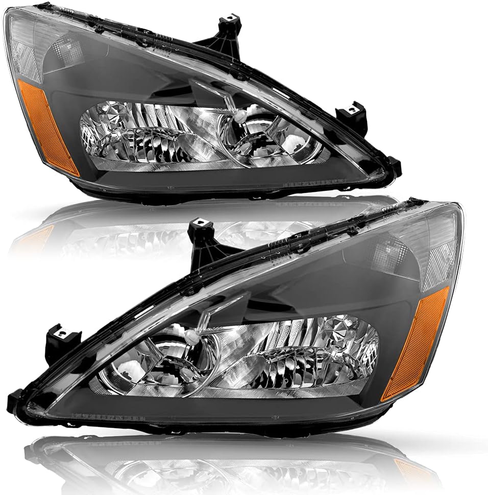 Headlight Assembly Set for 2003-2007 Honda Accord Black Housing Amber Reflector N9063
