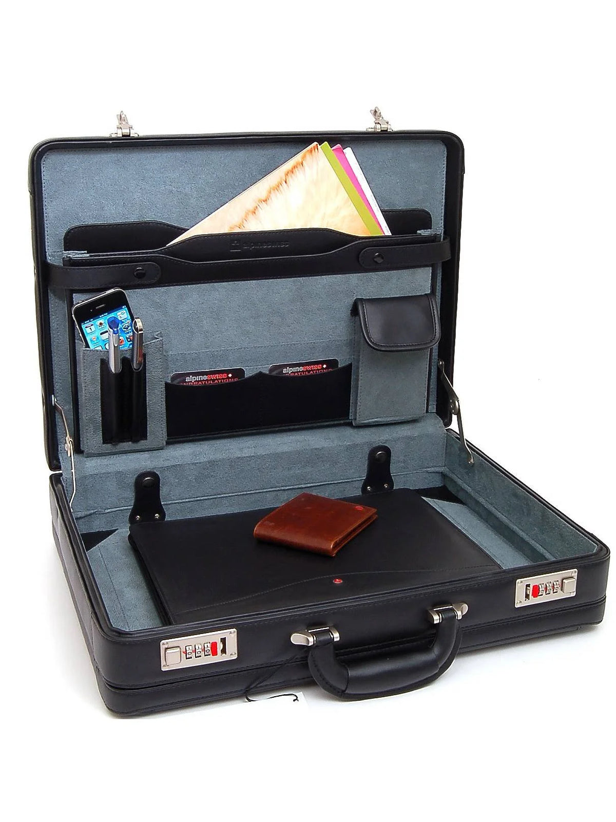 Expandable Leather Attache Briefcase Combination Locks Hard Case L3166