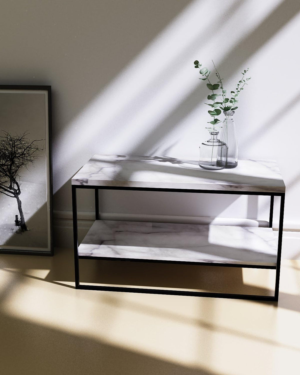 2 Tier Faux Marble Coffee Table with Lower Storage Shelf I548